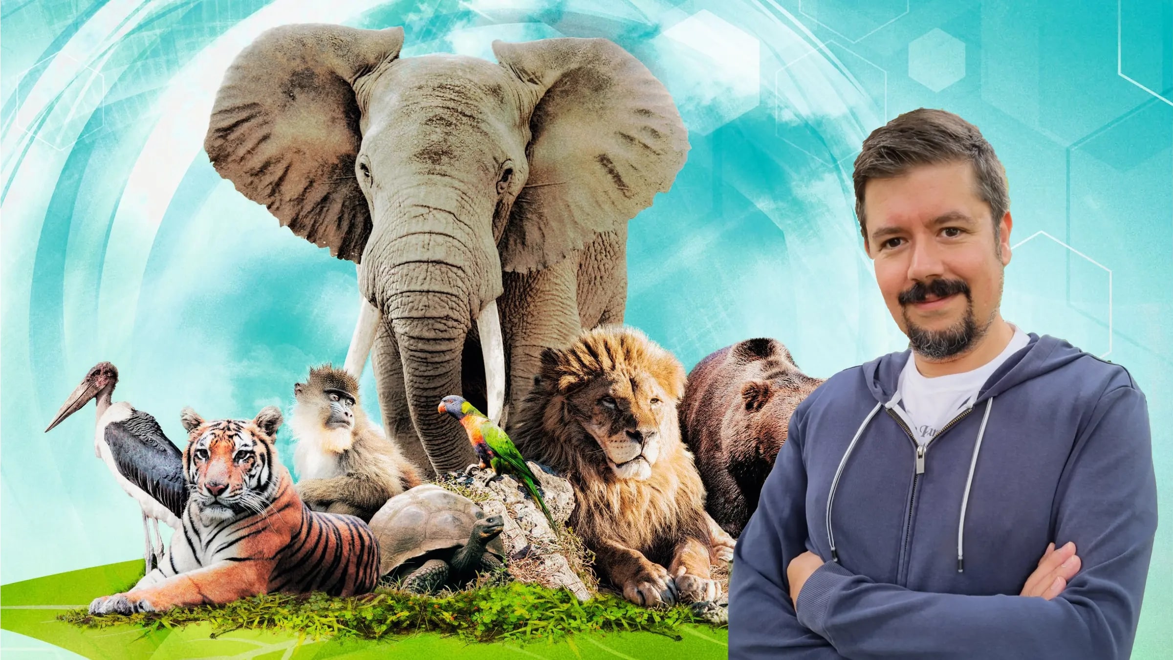 A photo of game designer Mathias Wiggle stands in front of a group of animals
